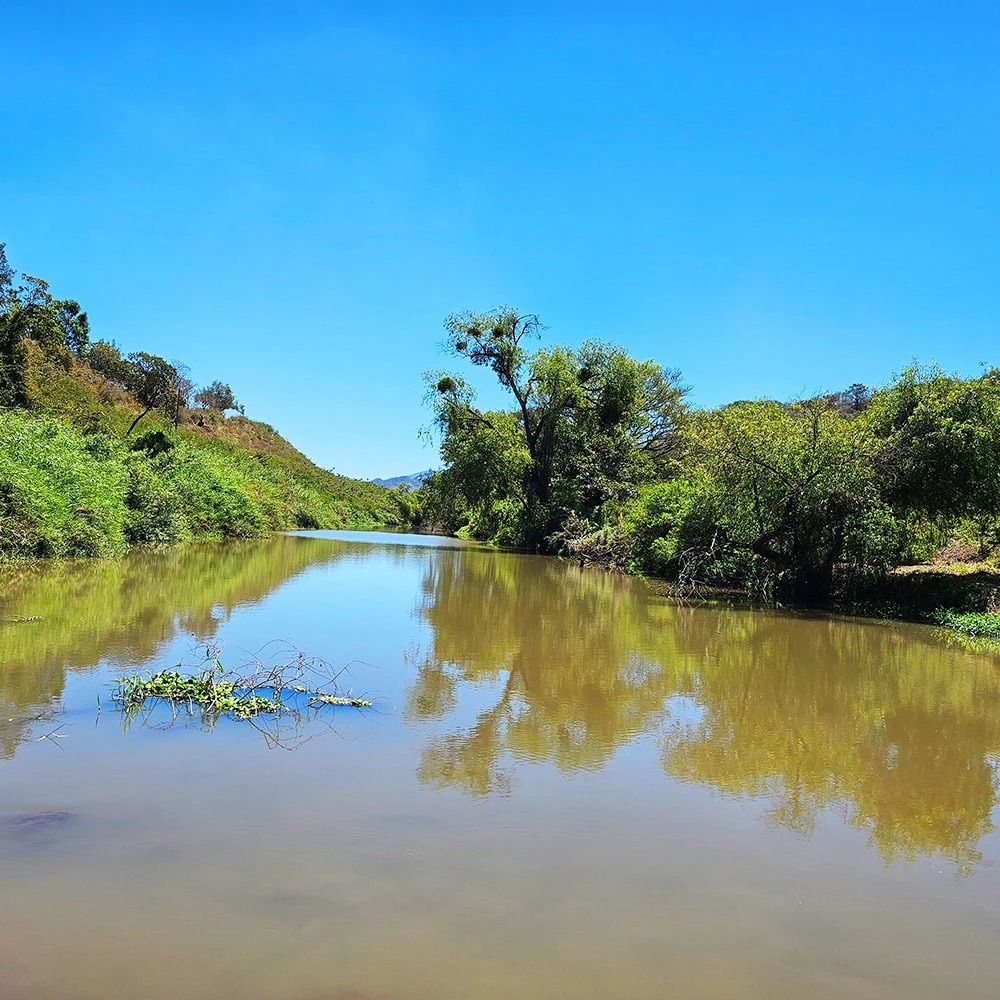 Río y ribera verde de la central hidroeléctrica Arcoíris en Jalisco